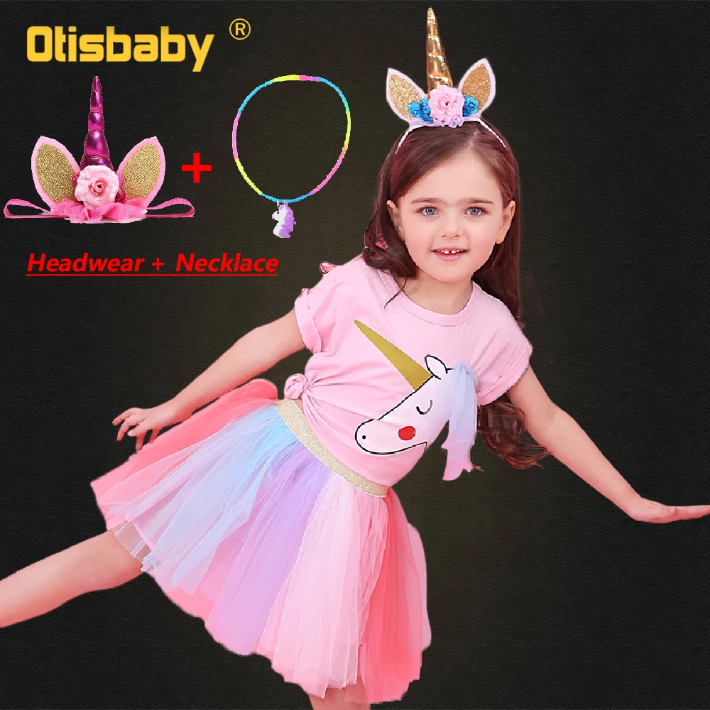 

Children Christmas Unicorn Costume Halloween Kids Clothes Child Birthday Party Ball Gown Necklace Sweatshirt Rainbow Tutu Dress