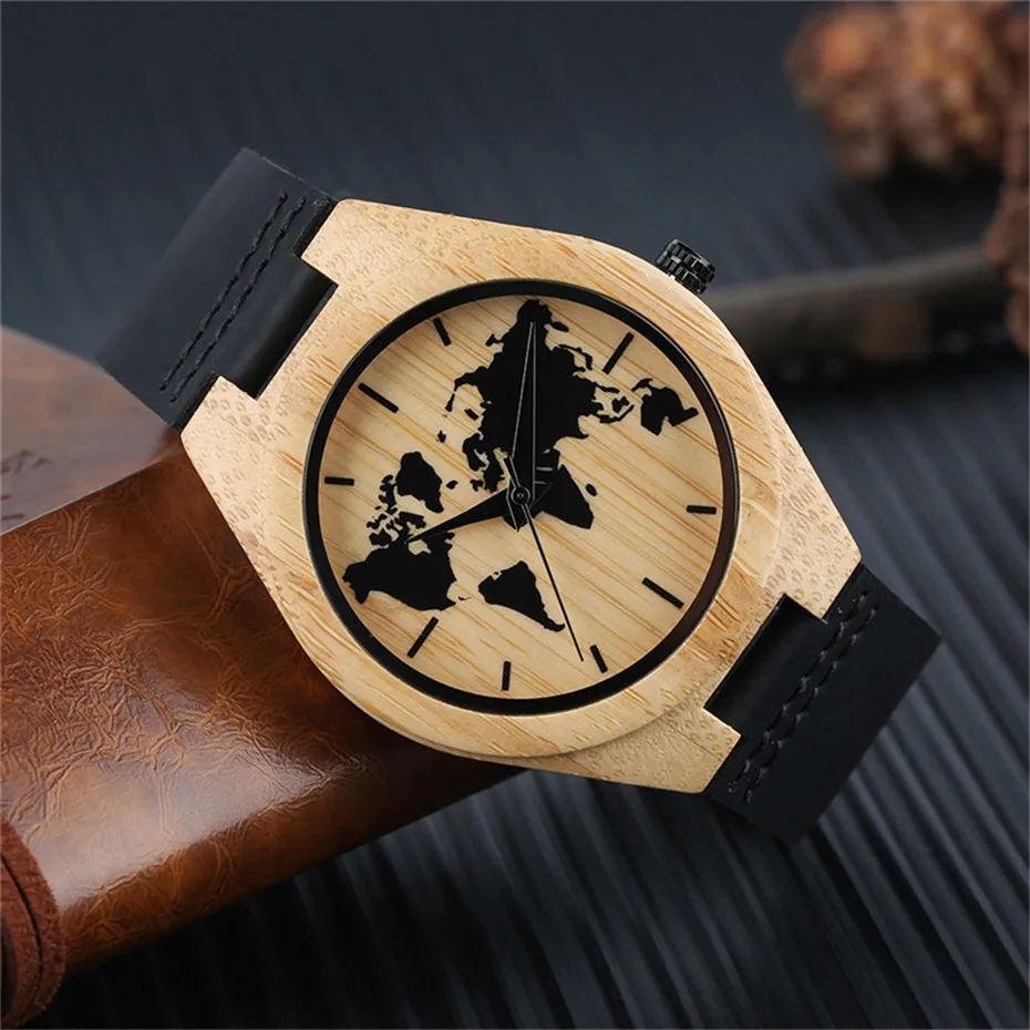Casual Modern Black World Map Handmade Carving Brown Men Bamboo Quartz Watch Genuine Leather Watch Band Creative Sport Gift (4)