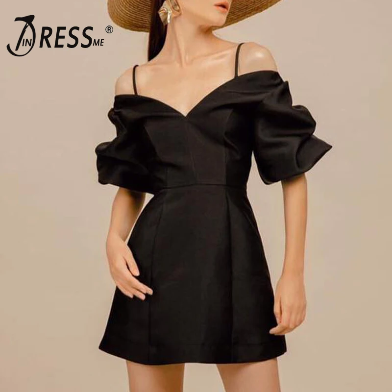 

INDRESSME 2019 New Strap V Neck Women Ruffles Short Sleeves A-Line Dress Empire Bodycon Little Mini Black Dress