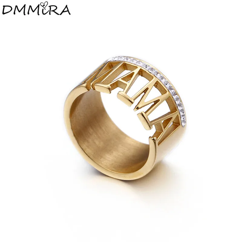 

New Fashion Women Gold Stainless Steel Mama Crystal Charm Finger Vintage Letter Rings Pulseras Jewelry For Mother Gift