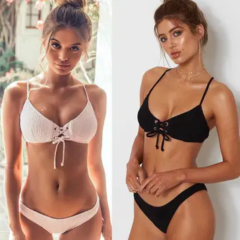 

White Black Women Pleated Bikini Set Swimwear Bandage Bikini Push-up Bra Monokini Bathing Swimsuit Beachwear