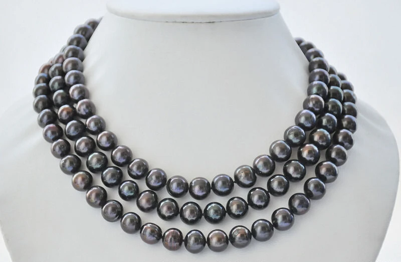 

shipping z6982 11mm ROUND BLACK Freshwater cultured PEARL NECKLACE 925SS 50inch