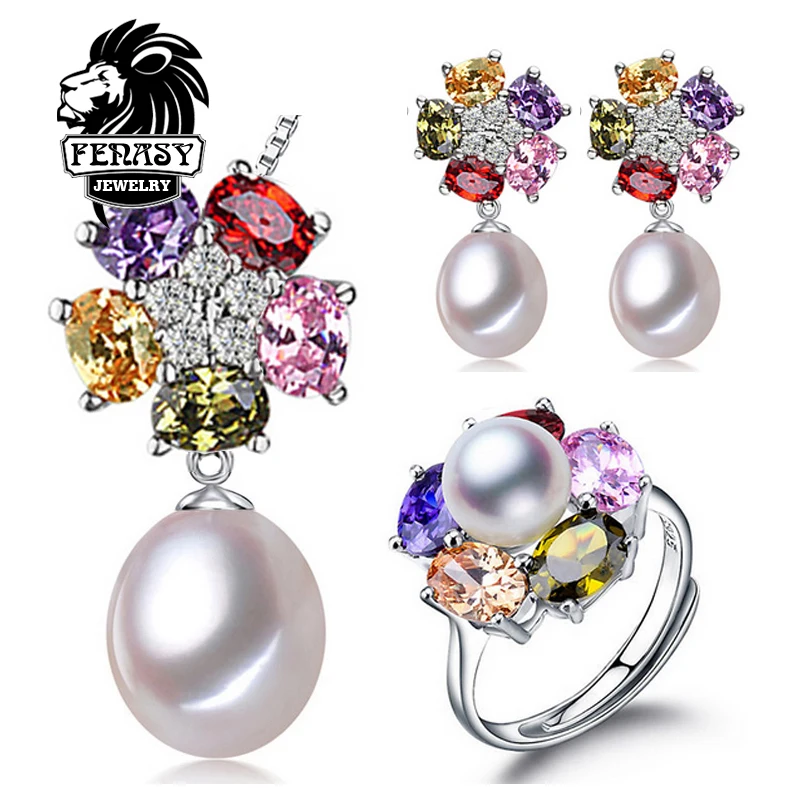 FENASY Party Jewelry Sets  White Pearl Earrings Pendants, 2017 New charm Fashion Jewelry Natural Pearl Sets,jewelry box