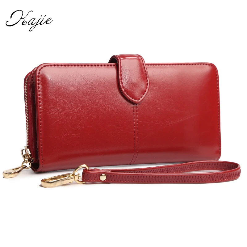 

Kajie Oil Wax Long Wine Red Vintage Designer Wallet Female Women Brand Leather Card Holder Demix Coin Purse Money Wristlet Burse