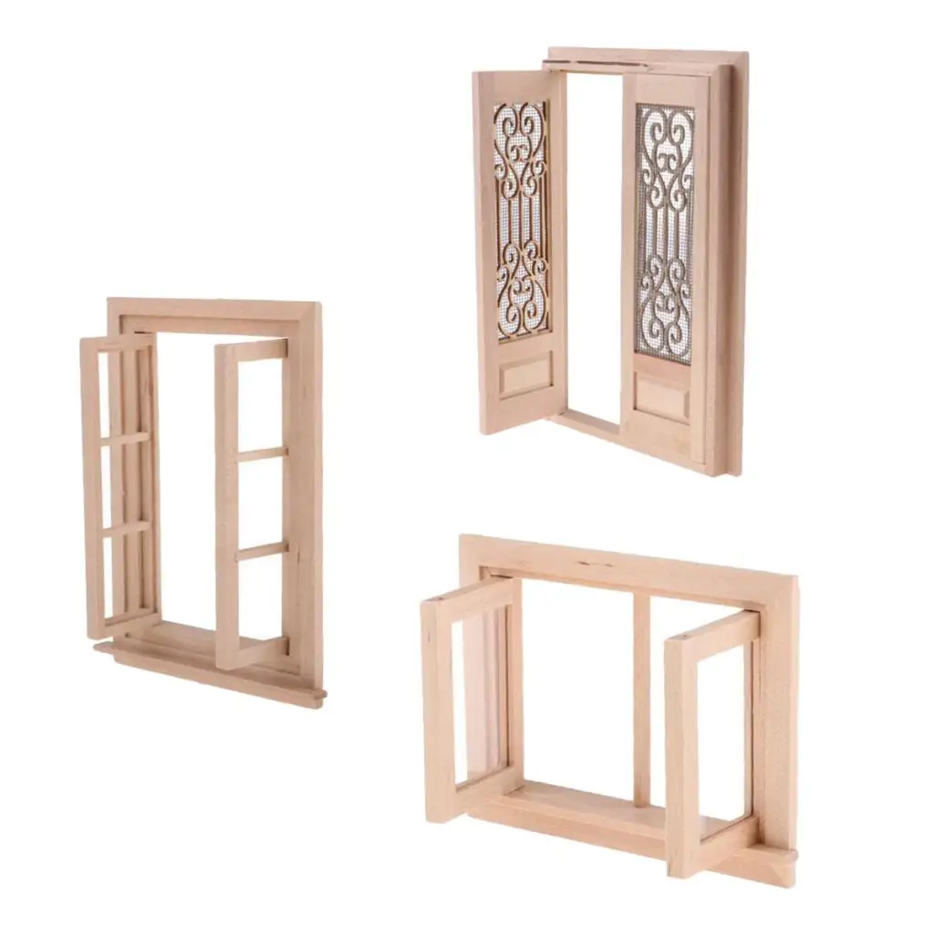 3 Pieces Unpainted Miniature Wooden Door Window 1/12 Dollhouse DIY Decor Accessory