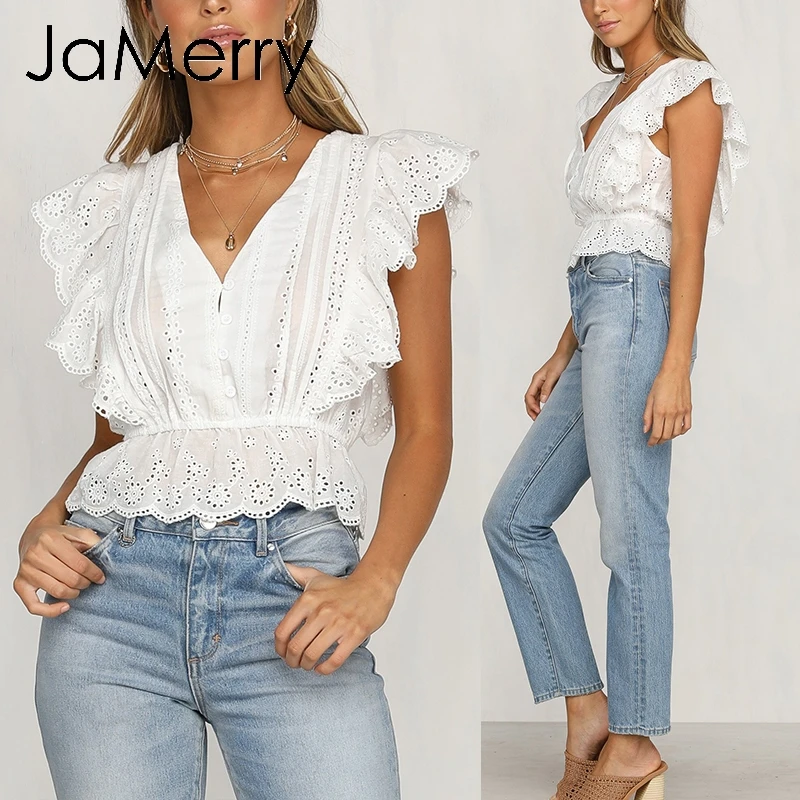 JaMerry Causal white embroidery lace hollow out blouse shirt women Ruffles woman blouse top Female elastic waist cotton tops