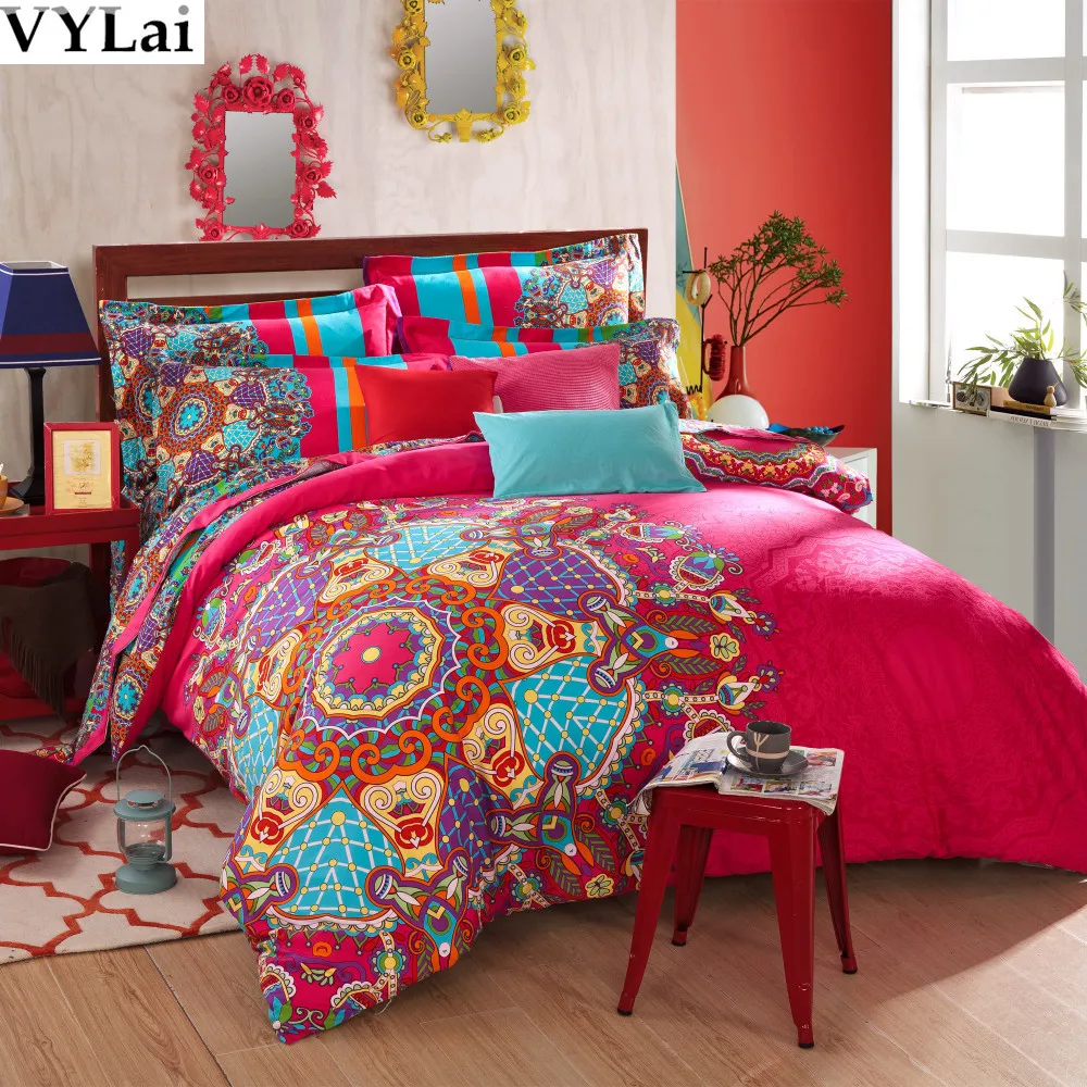 Luxury red 5pcs boho bedding sets peach/brushed fabric