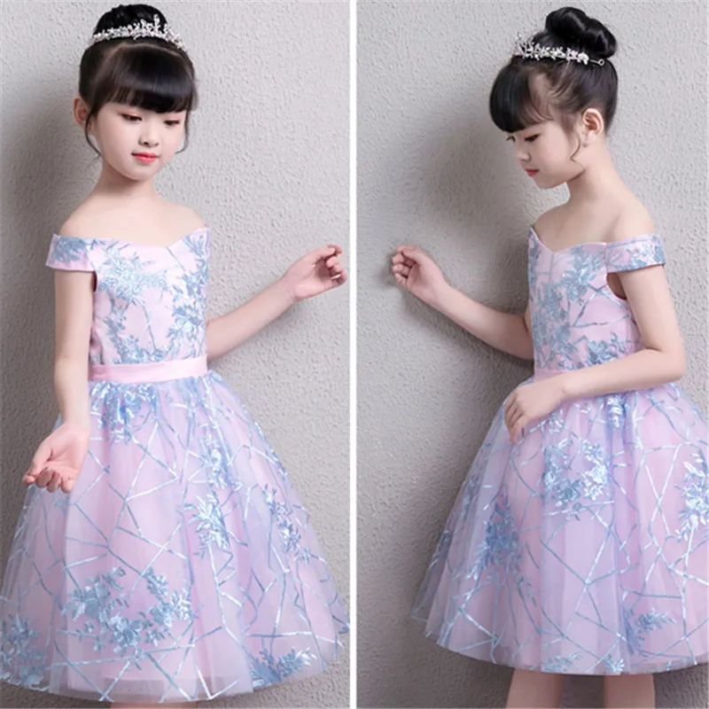 

Children Girls Luxury Shoulderless Birthday Wedding Party Dress Kids Baby Holiday Party Model Show Piano Costume Flowers Dress