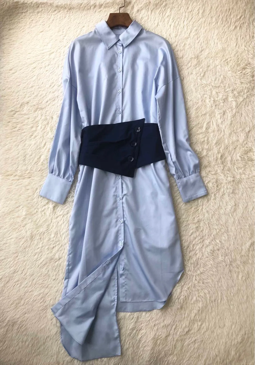 

Women 100% Cotton Long Sleeve Waist Wide Belt Design Blue Asymmetrical Midi Dress