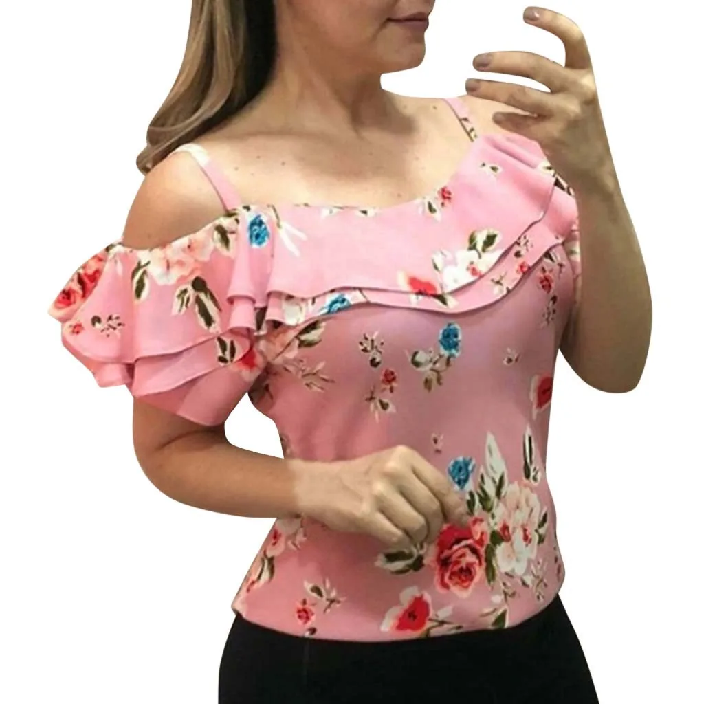 

Womens Tops And Blouses Woman Vintage Floral Print Ruffle Summer Blouse Women Clothes 2019 Tunic Cold Shoulder Ladies Tops
