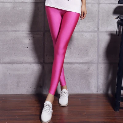 BIVIGAOS флуоресцентные цветные леггинсы брюки женские Ледяной шелк спандекс эластичные леггинсы многоцветные блестящие глянцевые Леггинсы для женщин Сексуально Узкие брюки - Цвет: Rose pink