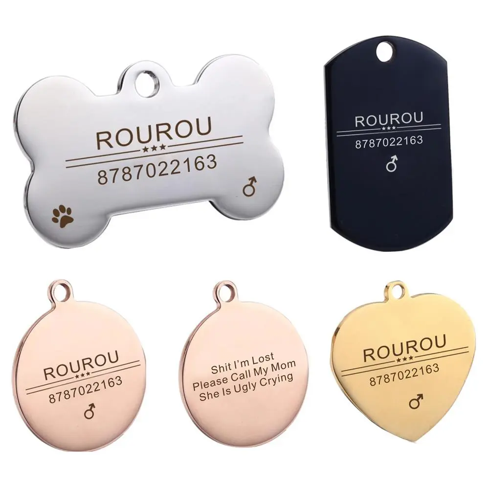 Free Engraving Pet ID Tag Stainless Steel Dog Cat Name Tags Collar Accessories Pendant Customized,Silver Gold Rose gold Black