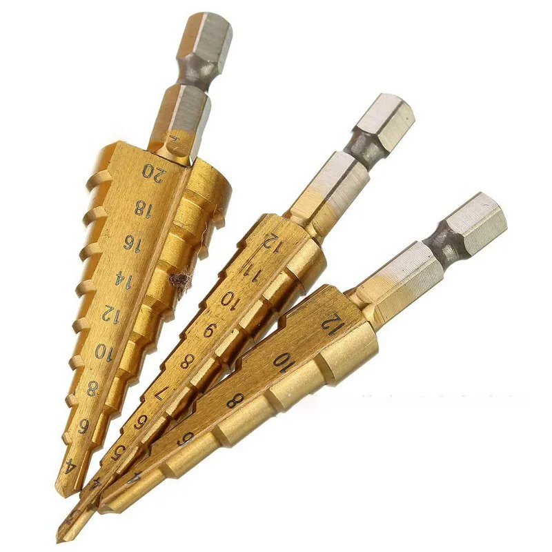 

3pcs 1/4'' Hex Shank Step Drill Bit Screw Tool Kit Titanium Coated Carbide Drill Bit Set Two-flute Woodworking Step Drill Bit