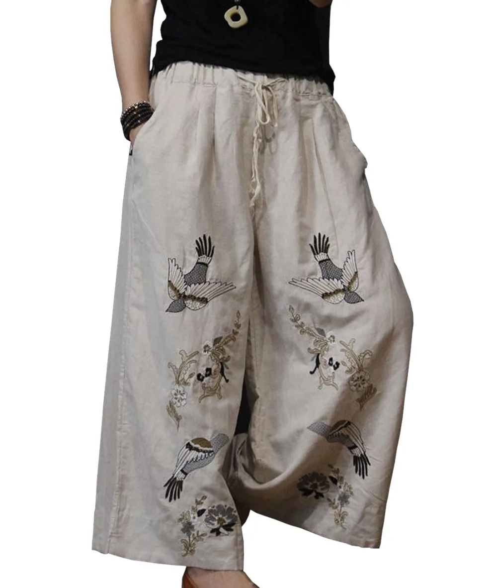 Yesno PF3TYP4 Women Cropped Pants Trousers 100% Linen Wide Leg Casual ...