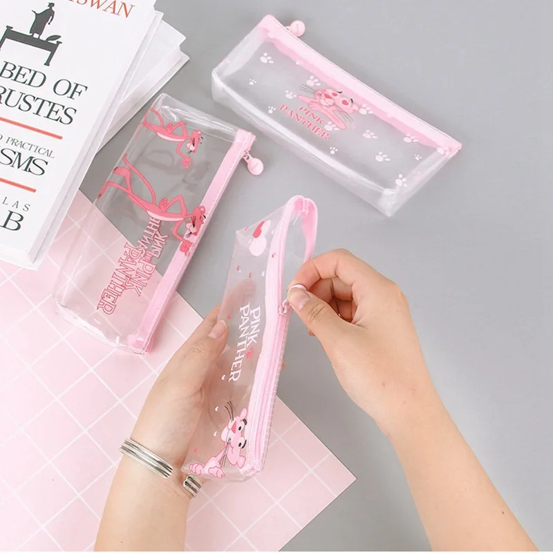 Cartoon Pink Panther PU Cosmetic Bag Transparent Makeup Bag Storage Mini Zipper Toiletry Bath Pouch Beauty Case Kit