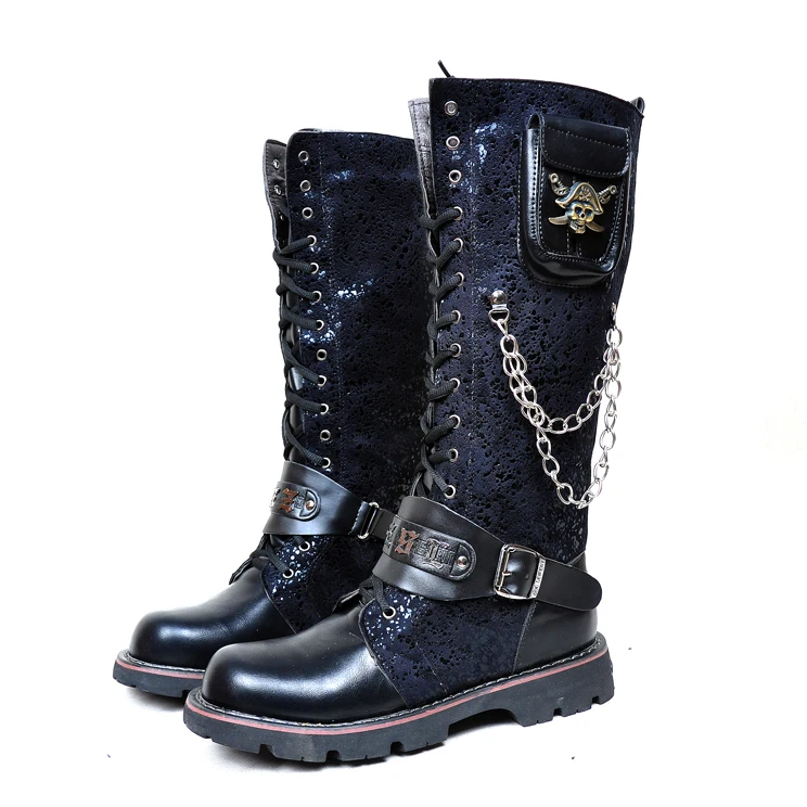 Online Schwarz Armee Gothic Stiefel Männer Militär Kampf Metall Schädel Schnalle Motorrad Punk Hoch Leder herren Schuhe Rock Bota Masculina heißer