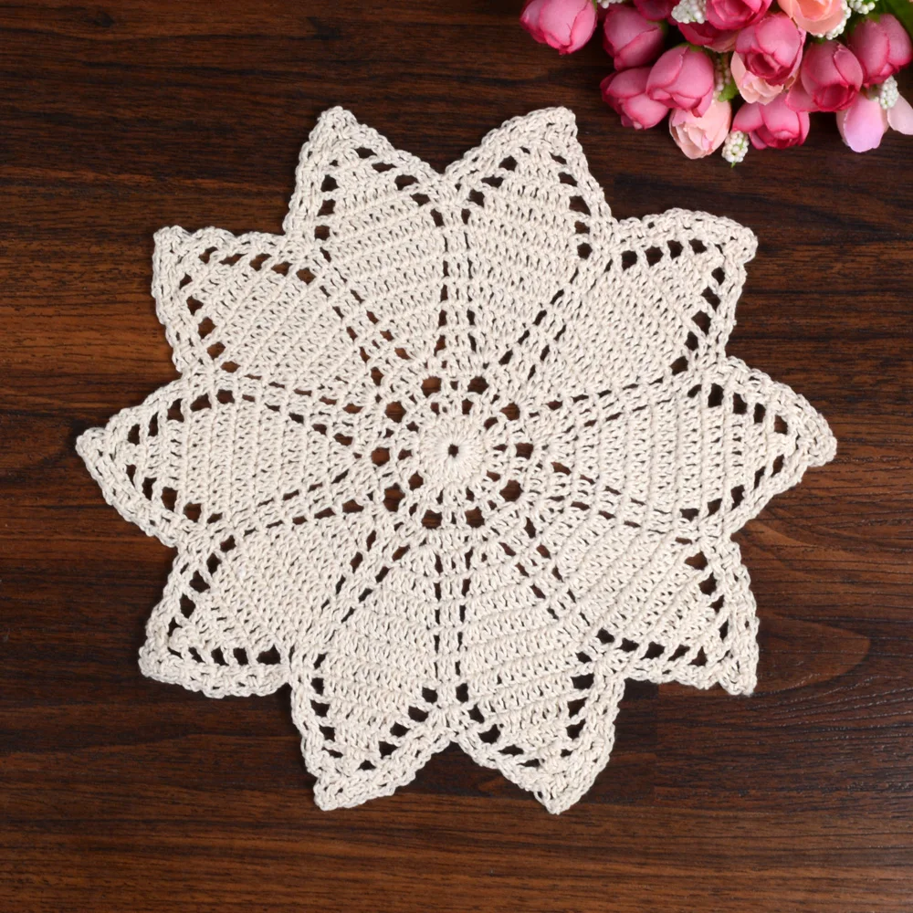 

LINKWELL 1PCS 100% Pure Cotton Yarn Hand Crochet Lace Doily Placemat 23CM Beige Colour Star Shape Table Ornament Mat