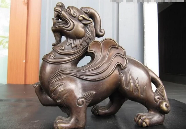 

Collectible bronze lion statue S0402 7"Chinese Superb Pure Bronze Carved Evil Lucky Foo Dog Lion beast kylin Statue (B0413)