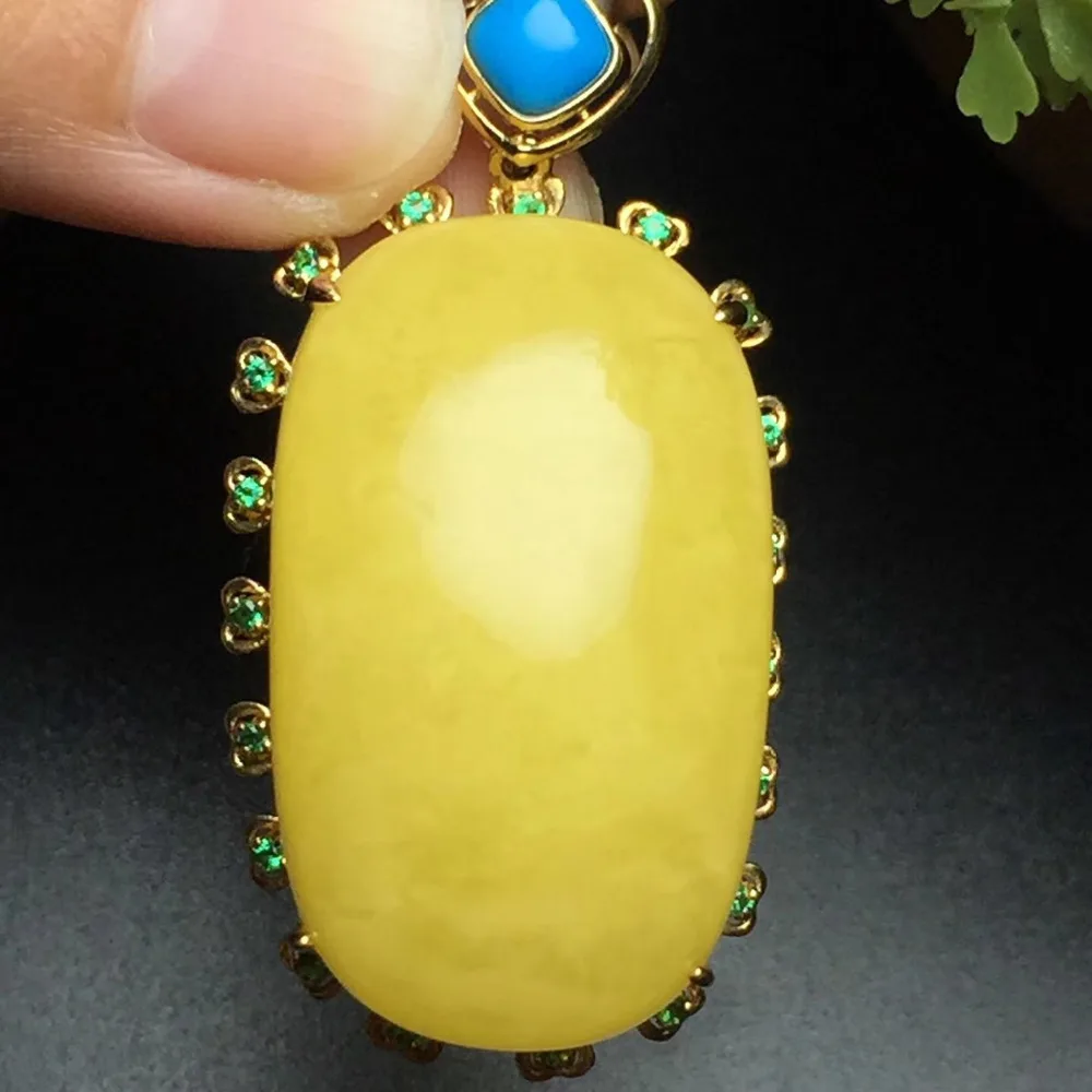 

Fine Jewelry Trendy Real 18K Rose Gold Natural Turquoise and Amber Beeswax Fine Pendant Necklace for women Fine Gifts