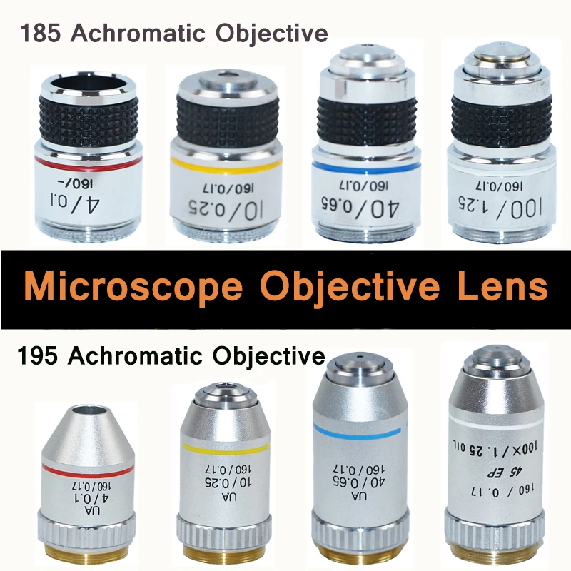 

2019 New185/195 Achromatic objective lens full metal 4X,10X,40X, 100X biological microscope objective lens with protect case