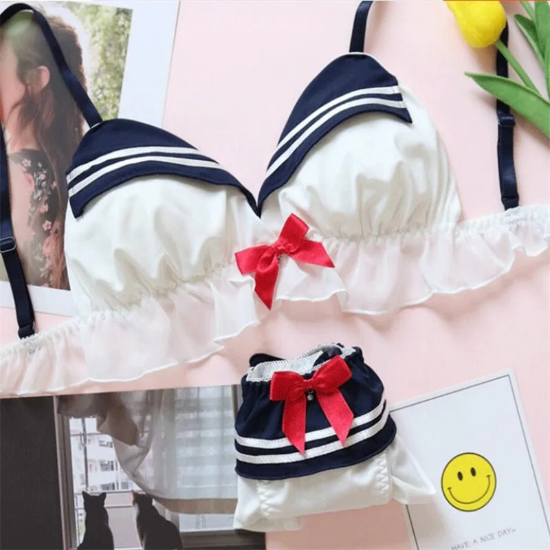 

Anime Japanese Sailor Moon Cosplay Sailor suit Underwear Suit Kawaii Lolita Girls Bow Flouncing Stripe Women's Bra Panties Set