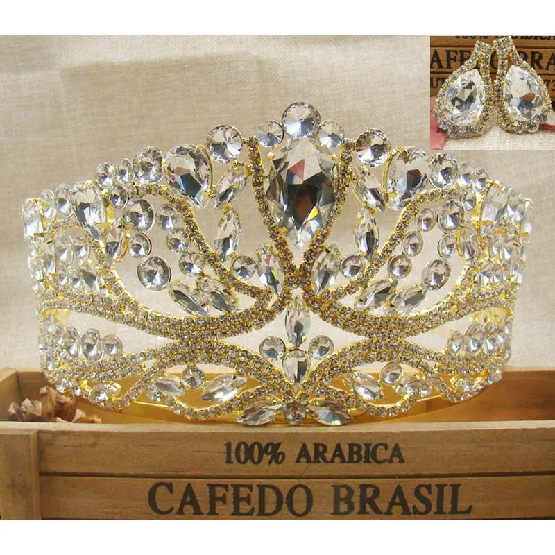 Роскошная Серебряная большая свадебная диадема, повязка на голову+ соответствующие серьги, Хрустальная свадебная корона для торжеств, украшения для волос тиары - Окраска металла: gold wtih earring