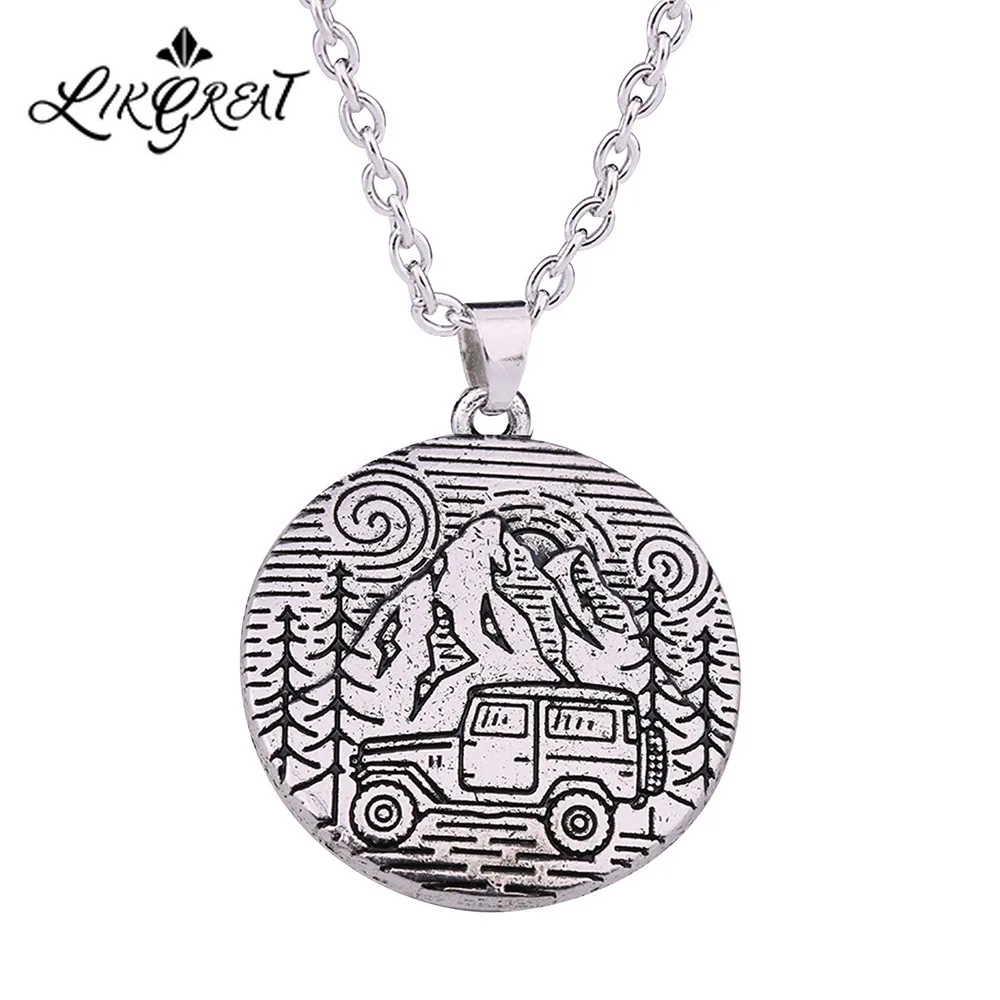 

LIKGREAT Camping Travel Necklace Adjustable Link Rope Chain Jeep Car Tree Mountain Round Pendant Necklace Antique Silver Jewelry