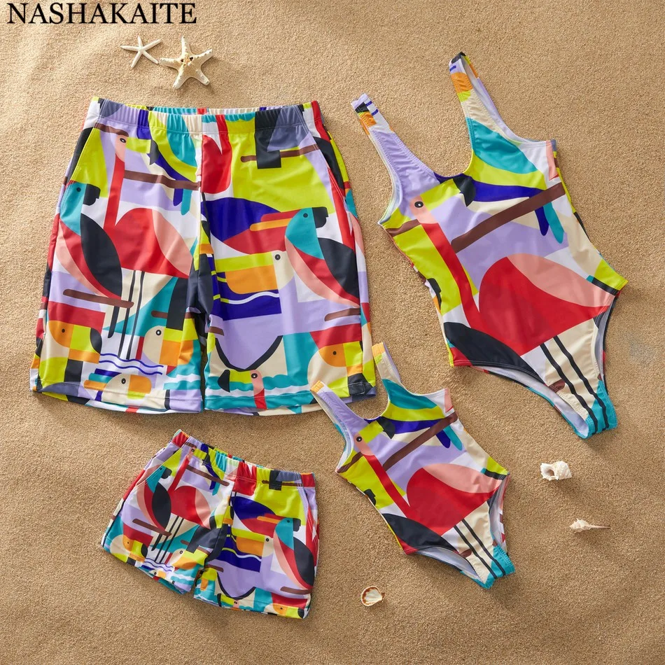 

NASHAKAITE Family Matching Swimwear Cartoon Parrot Print One-piece Swimsuit Mommy and me Swimsuits Holiday Beach Shorts Men Boys