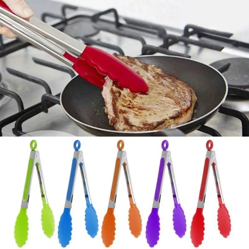 New 1PC Silicone Cooking Food Serving BBQ Stainless Tongs Steel Handle