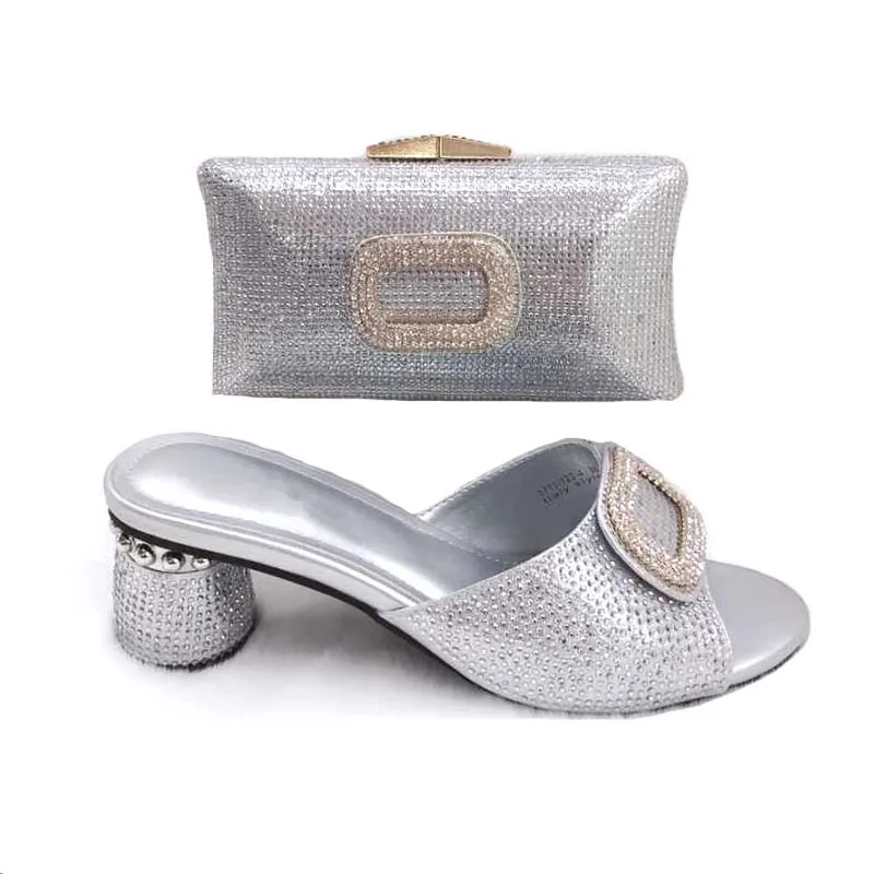 

Wonderful silver African slipper with bag set fashion pump shoes and handbag with rhinestones 8088-887 heel height 7cm