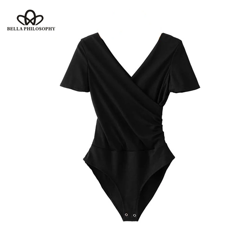 بيلا فلسفة المرأة الصليب V الرقبة محبوك داخلية أسود أبيض قصيرة الأكمام لمط playsuits الإناث أزياء شيك قمم