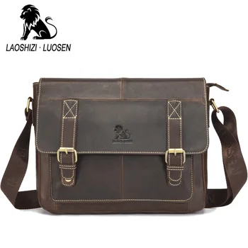 

LAOSHIZI 2019 Men leather bag business Computer Laptop Bags Fashion cowhide male commercial briefcase Messenger Shoulder Bags