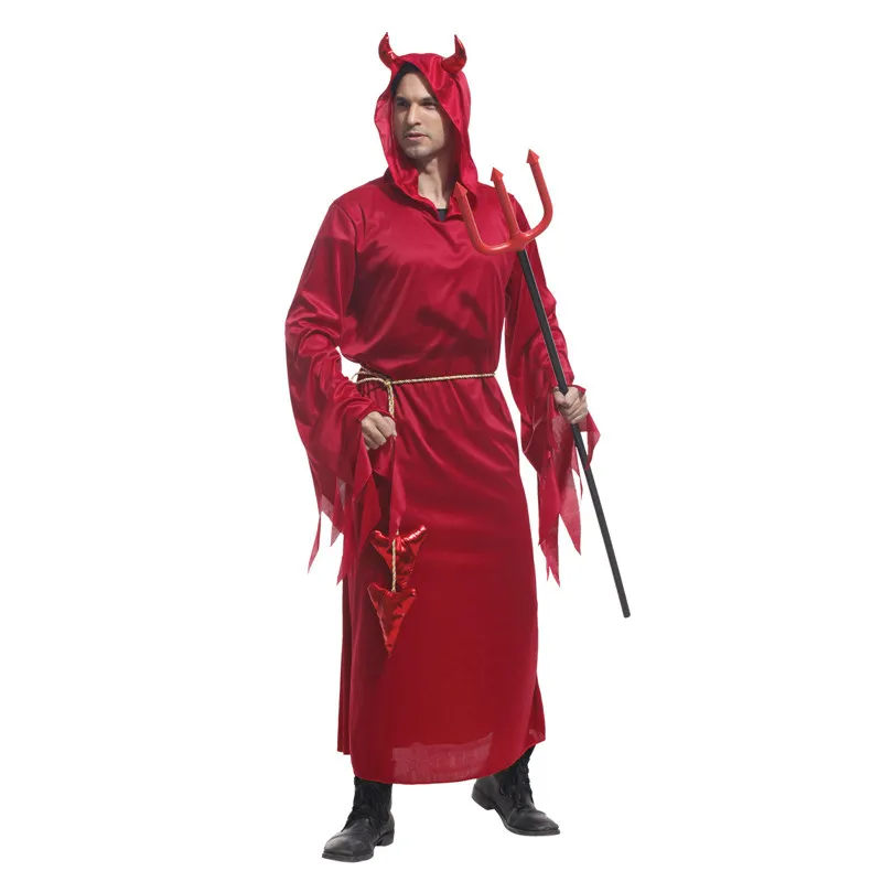 Взрослый Красный Дьявол, демон, костюм лорда с капюшоном, рожок для мужчин, Хэллоуин, праздник Пурим, карнавальный костюм