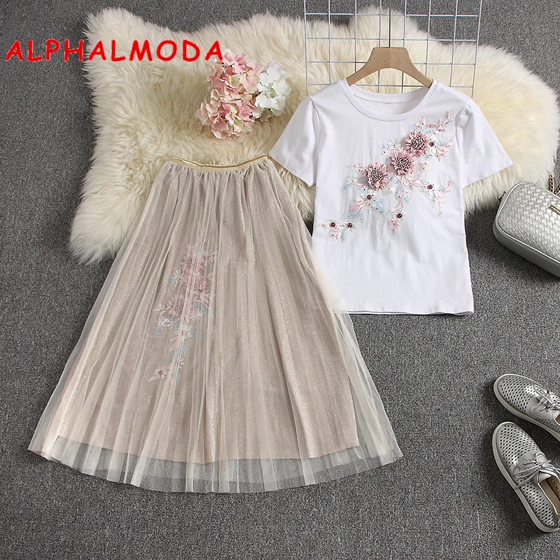 ALPHALMODA2019 летние футболки с 3D цветочной аппликацией юбки трапециевидной формы с цветочным рисунком модный костюм из 2 предметов женский милый комплект с юбкой для тяжелой работы-in Женские наборы from Женская одежда on Aliexpresscom Alibaba Group