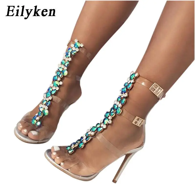 Eilyken PVC Jelly Blue Crystal Sandals Open Toed High Heels Sexy Buckle Strap Women Sandals Pumps Silver size 35-42