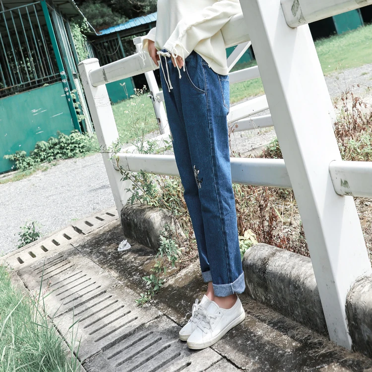 Джинсы женские на шнуровке с принтом кота Harajuku высокая эластичная талия прямые женские s карманы шикарный корейский стиль Студенческая
