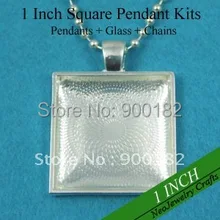 200 Наборы блестящих серебряных колье наборы: 25 мм квадратный поднос+ 25 мм квадратные стеклянные Кабины+ 24 дюйма ожерелье из шариковой цепочки