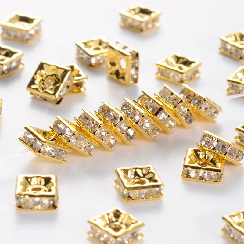 

100pcs 6x6x3mm Square Brass Crystal Rhinestone Spacer Beads Grade A for Jewelry Making DIY Bracelet Findings Golden Metal Color