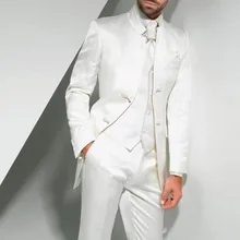 Esmoquin de boda largo blanco Vintage para el novio 2018 trajes formales para hombres de tres piezas hechos a medida (chaqueta + Pantalones + chaleco) terno