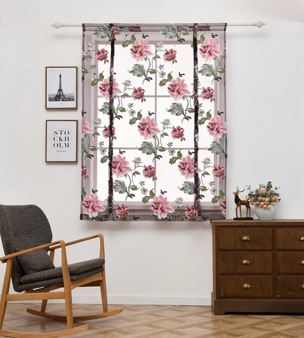 

Curtain Blended Polyester Roman Curtain Rod Liftable Kitchen Bathroom Window Floral Sheer Voile Valances Drop shipping Dot15