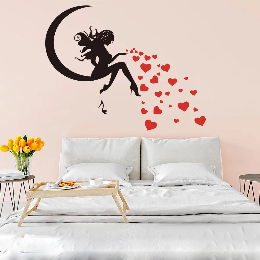 Cartoon Fairy Moon Heart Shoe Pin Up Girl Wall Sticker Kids Room Bedroom Fairy Moon Wall Decal Living Room Sofa Vinyl Home Decor (2)
