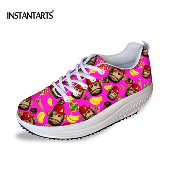

INSTANTARTS Fashion Women Lacing Flats Platform Shoes Funny Monkey Printing Female Mesh Swing Shoes Sneaker Slimming Shoes Girls