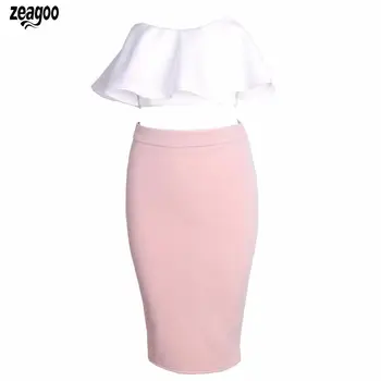 

Women Casual Off Shoulder Slim Ruffles Tops Casual, Street, Outdoor, etc and Solid Pencil Skirt Back Zip Set
