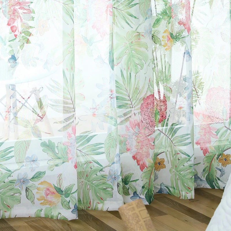 Green plant window curtains for Living Room Bedroom Flower Sheer tulle