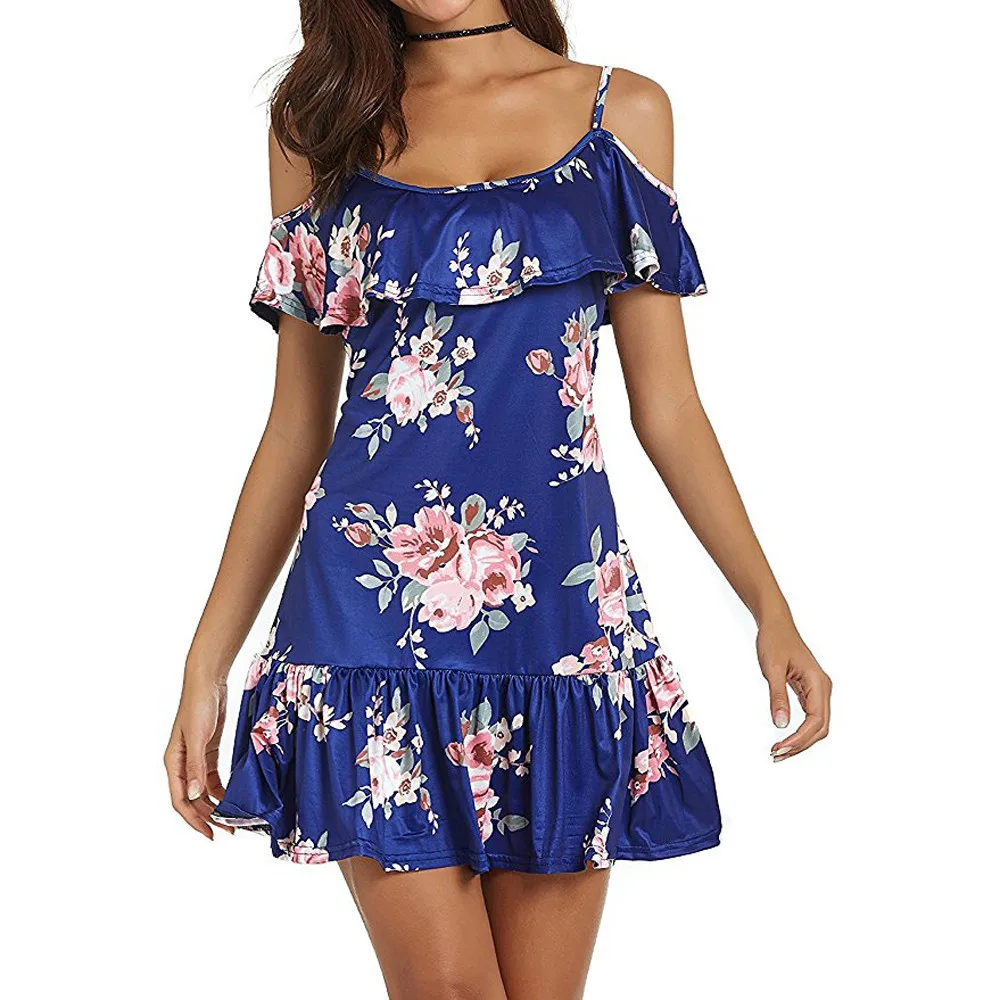 Bohemia Women Dresses Sexy Cold Shoulder Floral Printed Mini Dress Spaghetti Strap Beach Summer Dress vestidos femininos - Цвет: Blue