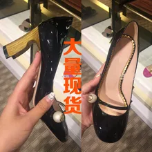 2017 Spring New Retro Mary Janes High Heel Shoes Women Pearl Shallow Mouth Sweet Pumps Fashion Lttl Party Shoes Woman