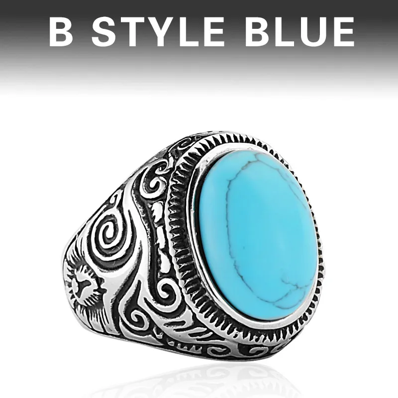 Beier 316L Stainless Steel Natural Oval Opal Green Stone Ring Vintage Nobel Palace Product For Woman Man LR633 - Цвет основного камня: blue