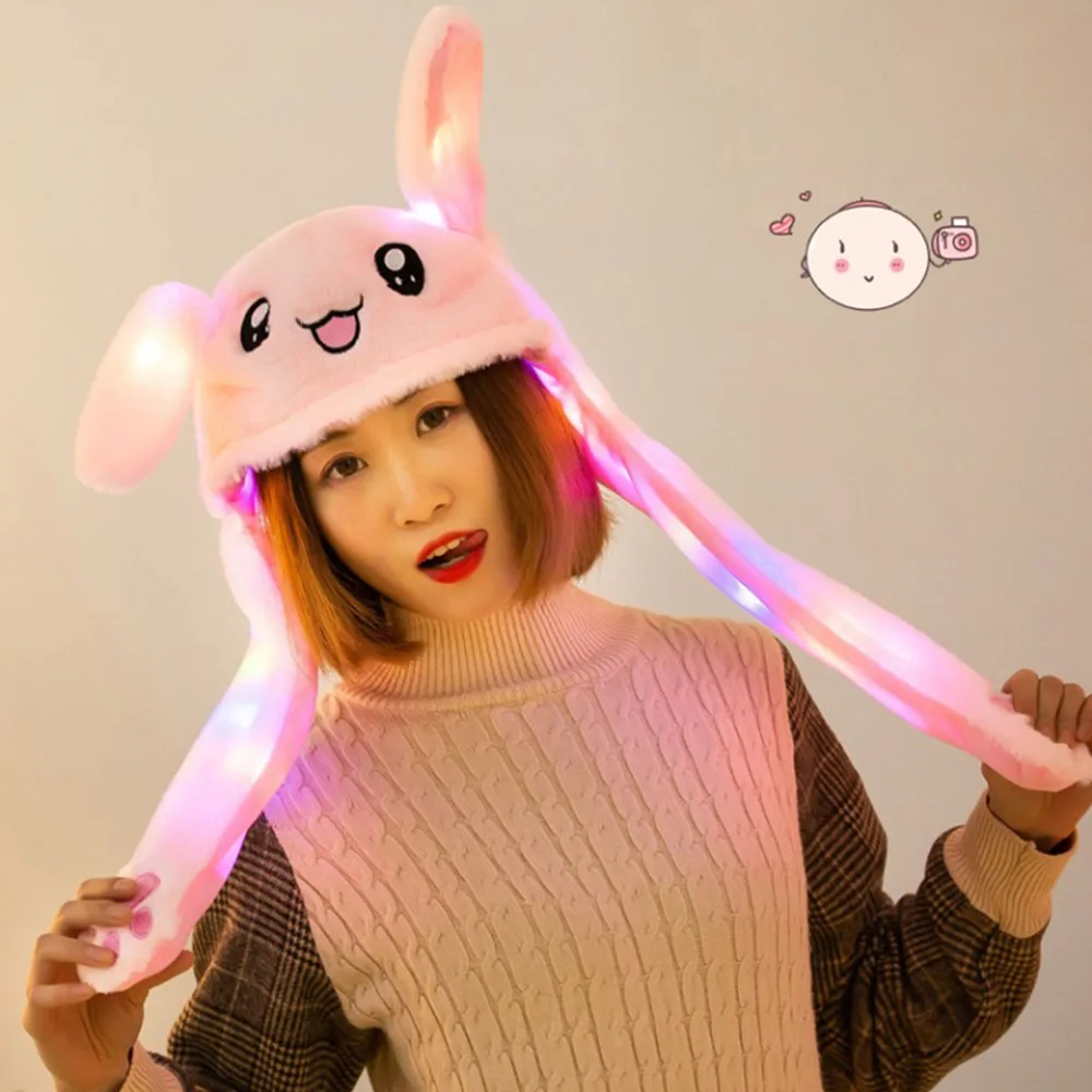 

Rabbit Hat with Cute Ears Can Move Plush Rabbit-shaped Hat Warm Balloon With The Light White Pink Gift For Girls Kids