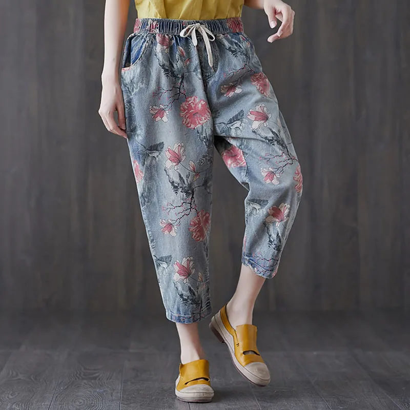

Plus Size Jeans Women Autumn Harem Pants Floral High Elastic Waist Loose Retro Denim Trousers Pocket Calf-Length Vaqueros Mujer