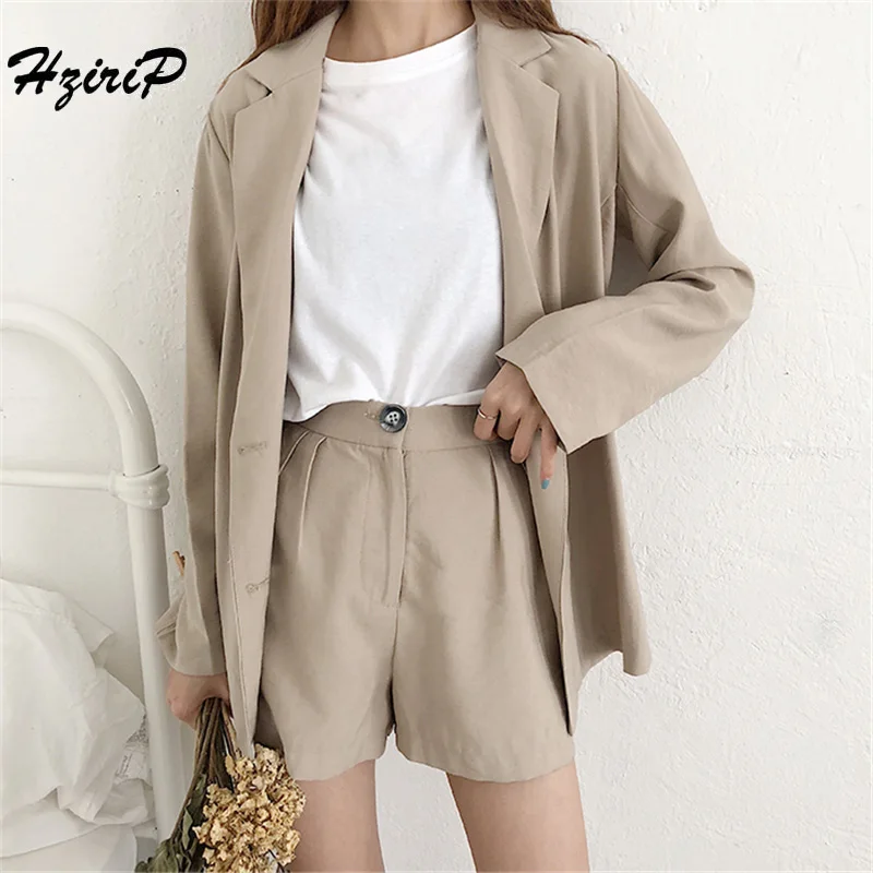 Hzirip Women Autumn Simple Office Suit Sets Solid Suit Short Pants Blazer Double Breasted Jacket&Trouser Work Lady 2 Pieces set